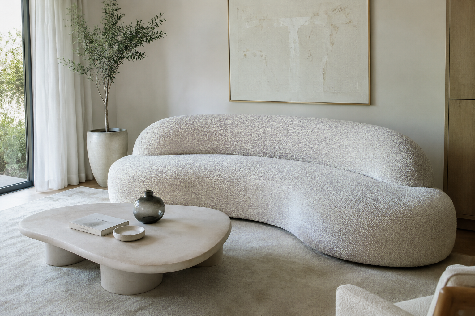 Living room with curved bouclé sofa and sculptural coffee table