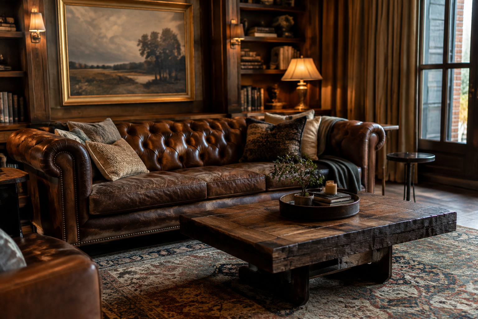 Living room with tufted brown leather sofa and vintage rug