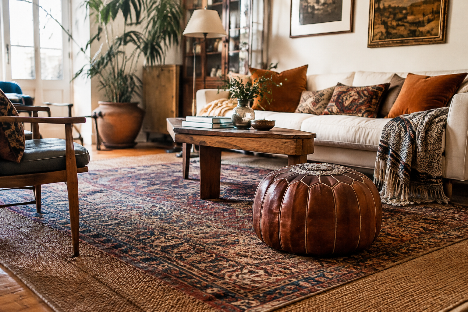 Living room with layered jute and vintage Persian rug