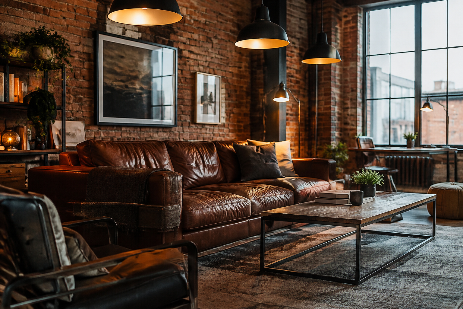 Living room with exposed brick wall and leather sofa