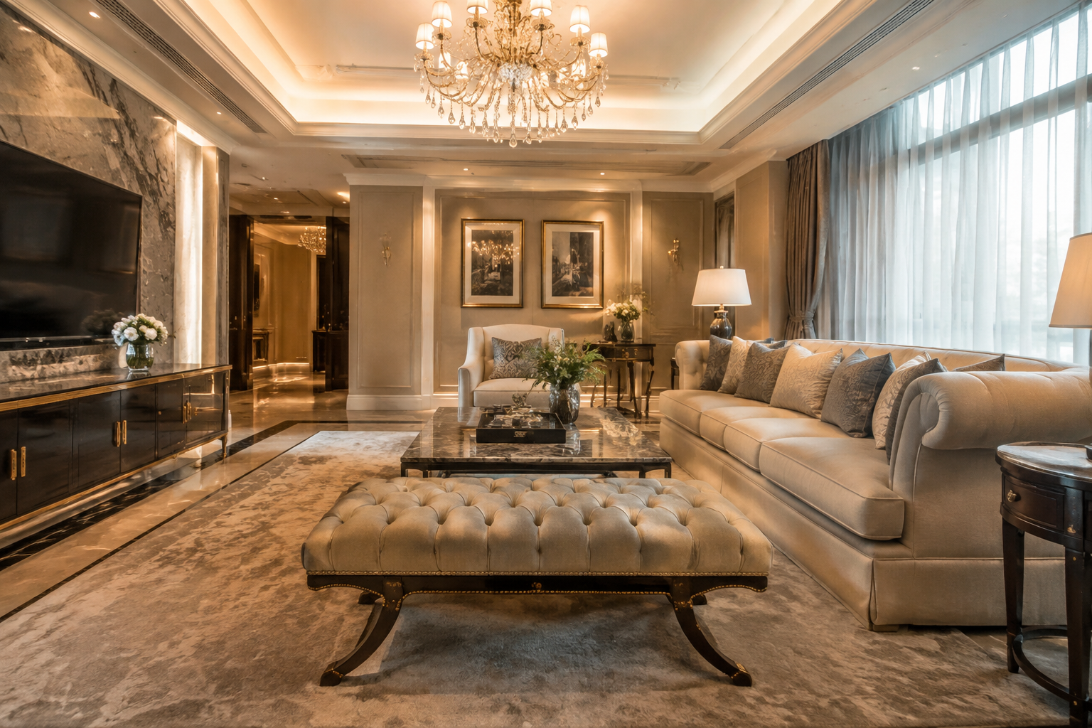 Elegant living room with crystal chandelier and tufted bench