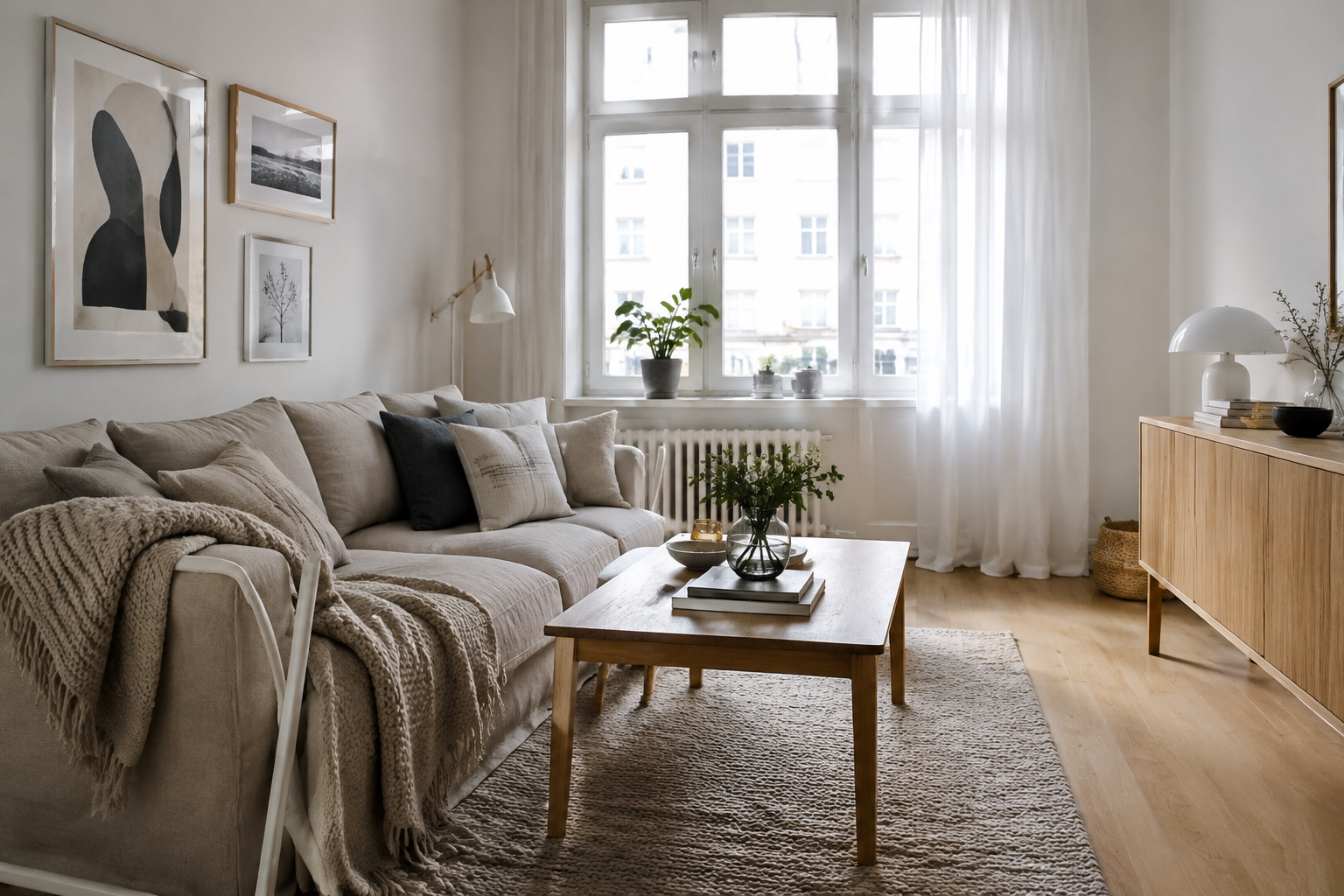 Scandinavian living room with beige linen sofa and knit throw