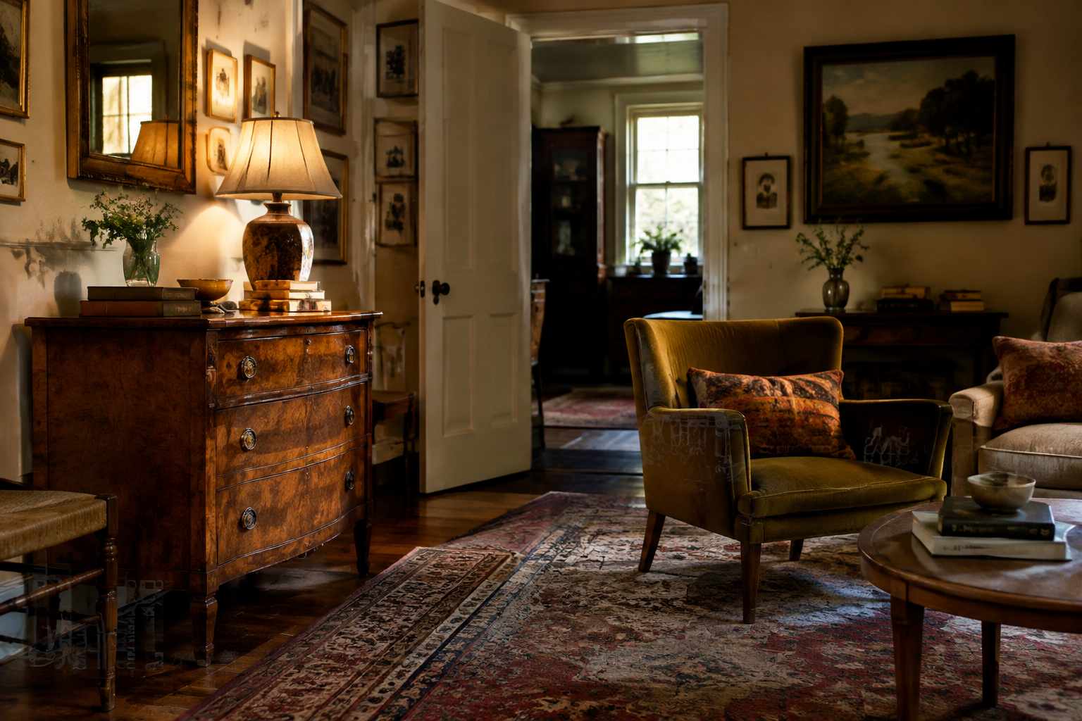 Living room with vintage decor, antique dresser and retro armchair