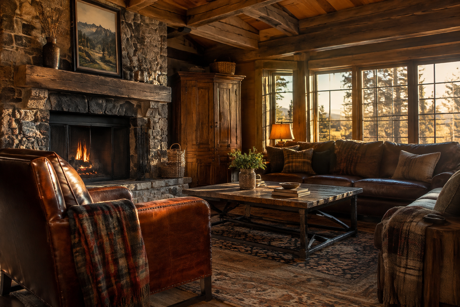 Rustic living room with reclaimed wood beams and stone fireplace