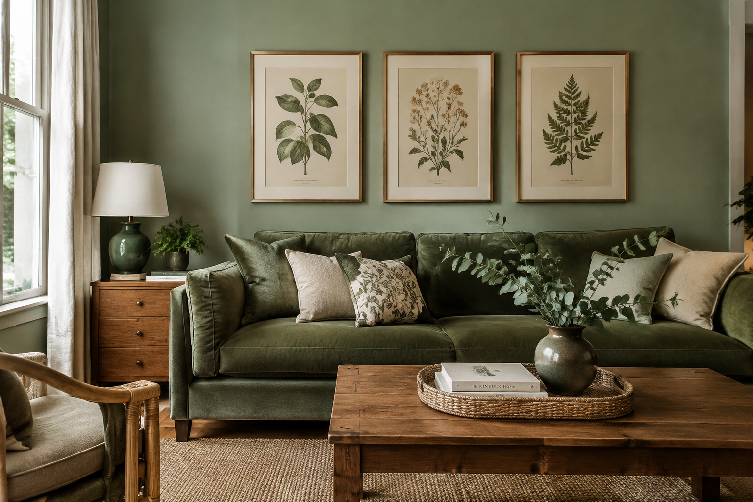 Living room with sage green walls and velvet green sofa