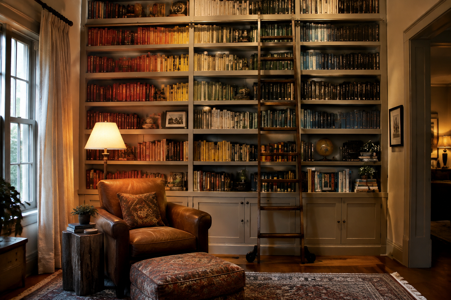 Living room with a wall of color-coded bookshelves and reading chair