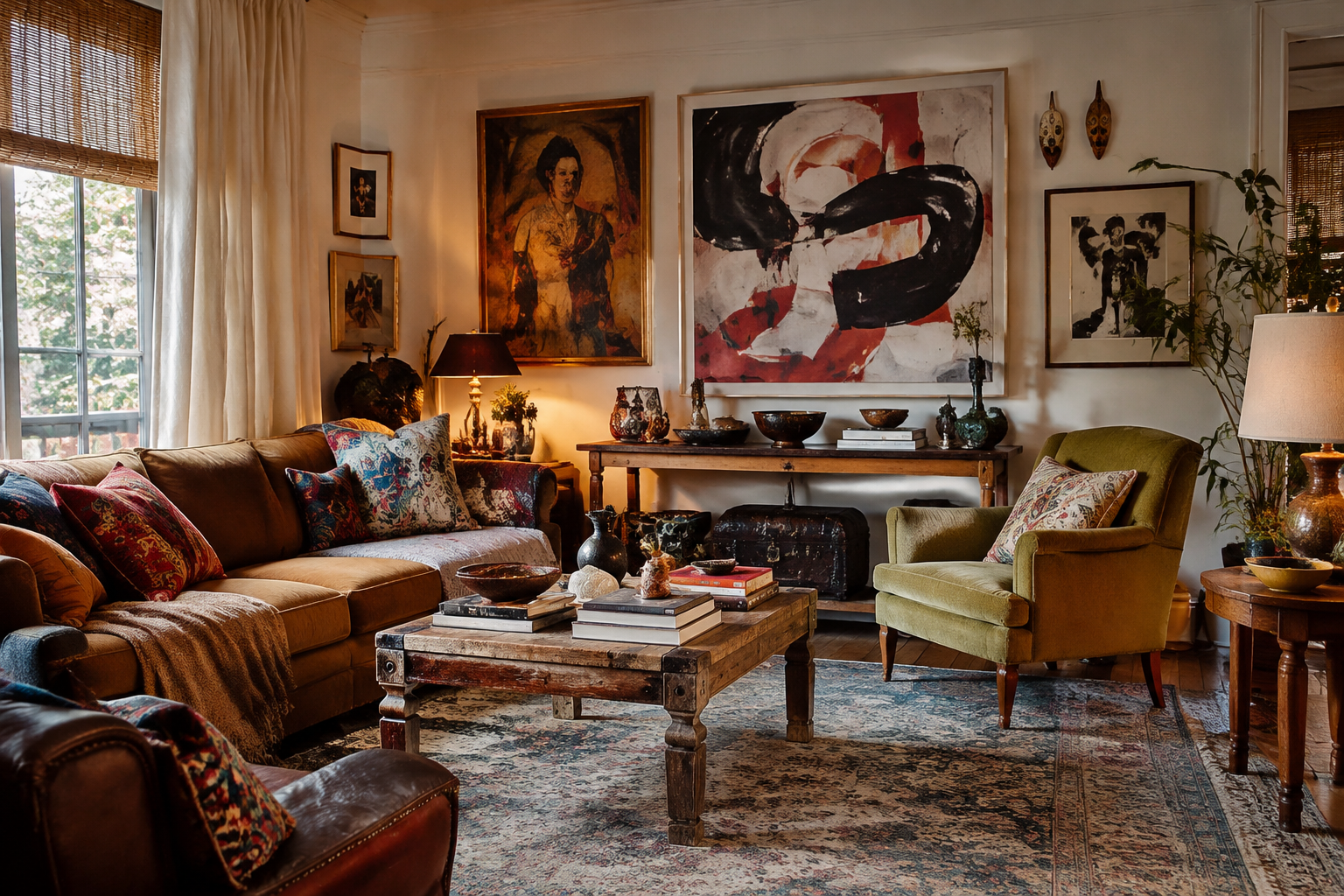 Eclectic living room with mismatched vintage furniture and bold art