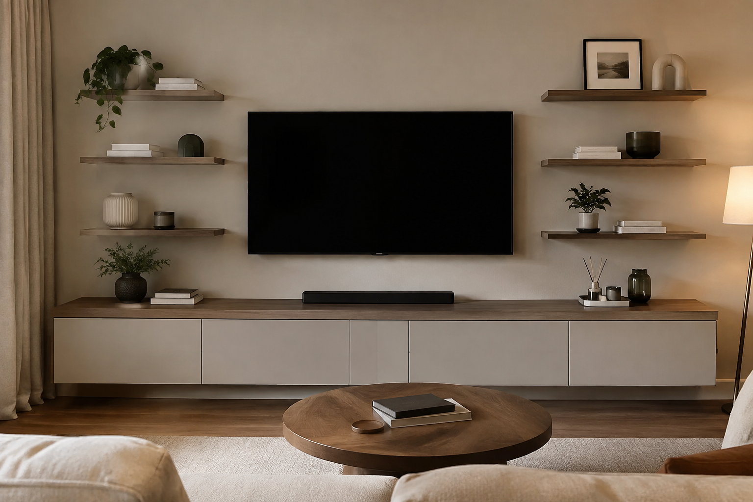 Living room with modern TV unit and floating shelves