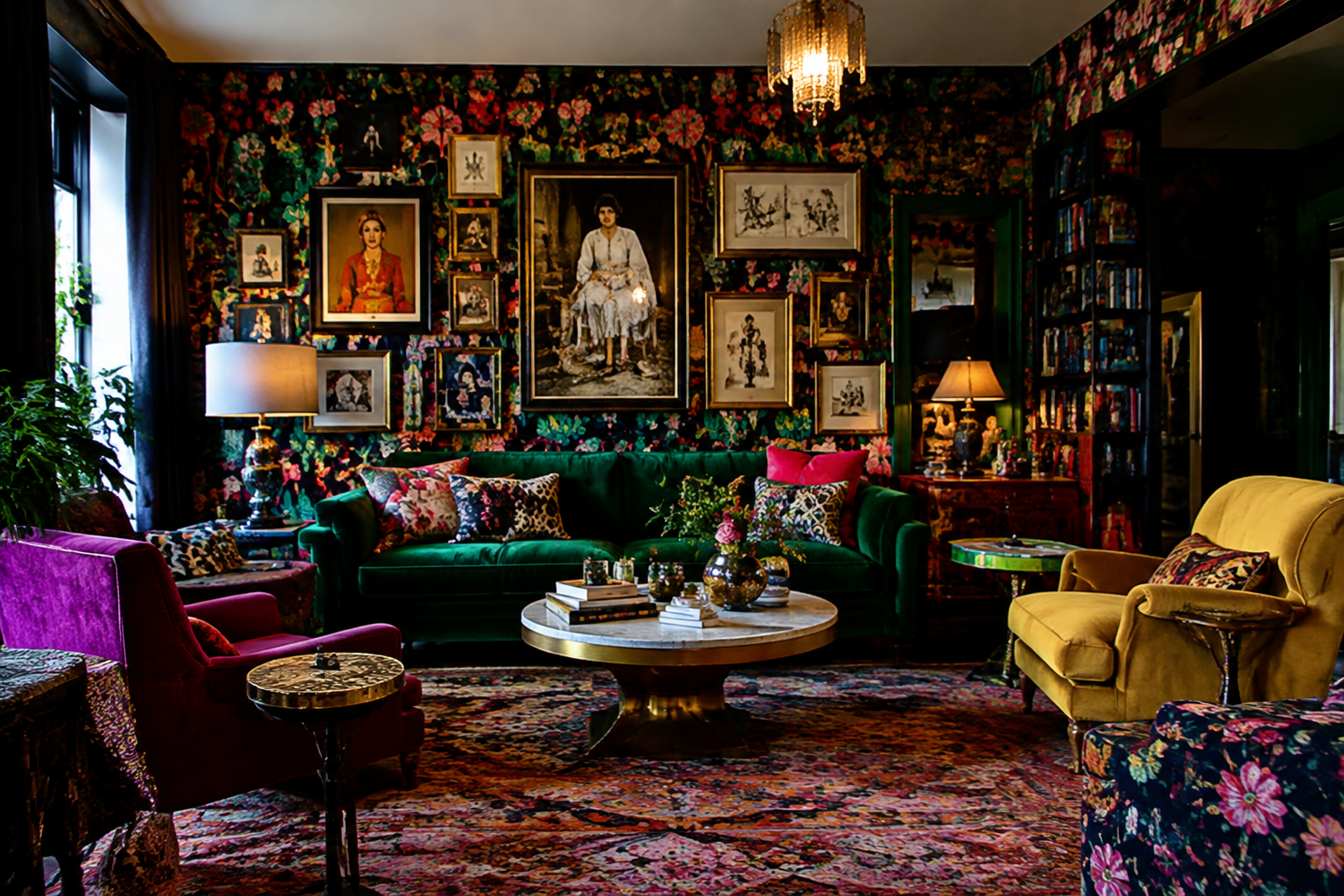 Maximalist living room with bold wallpaper and colorful furniture