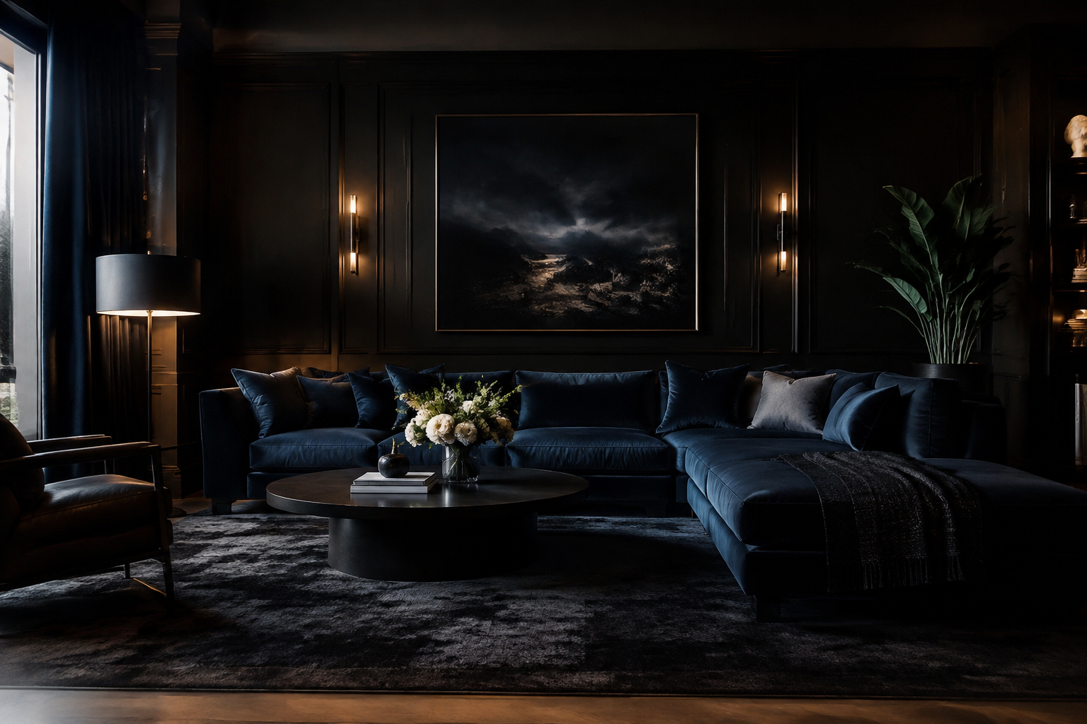 Dark moody living room with charcoal walls and navy sofa