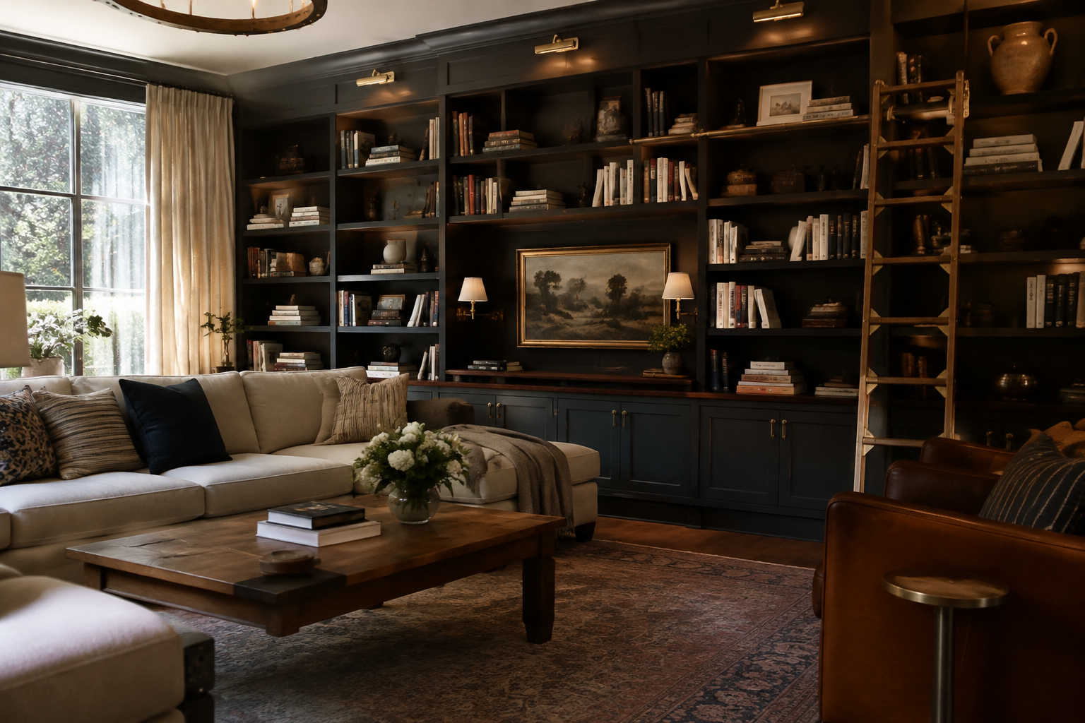 Living room with floor-to-ceiling built-in shelving full of books