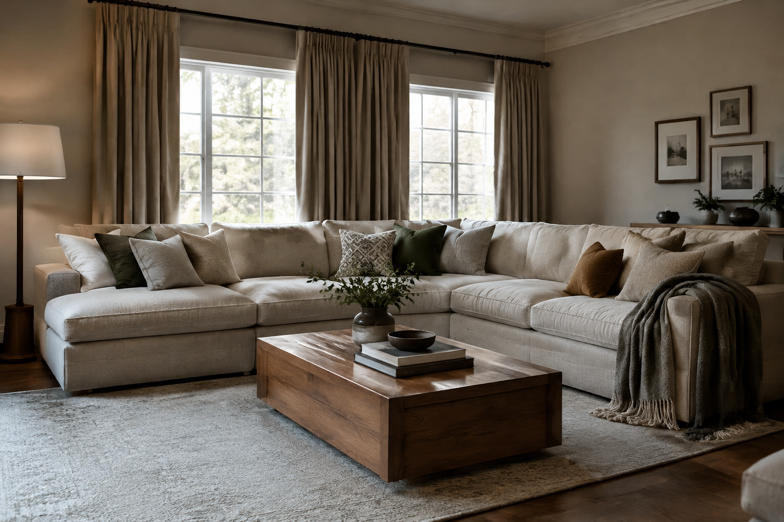 Living room with large L-shaped sectional sofa and throw pillows