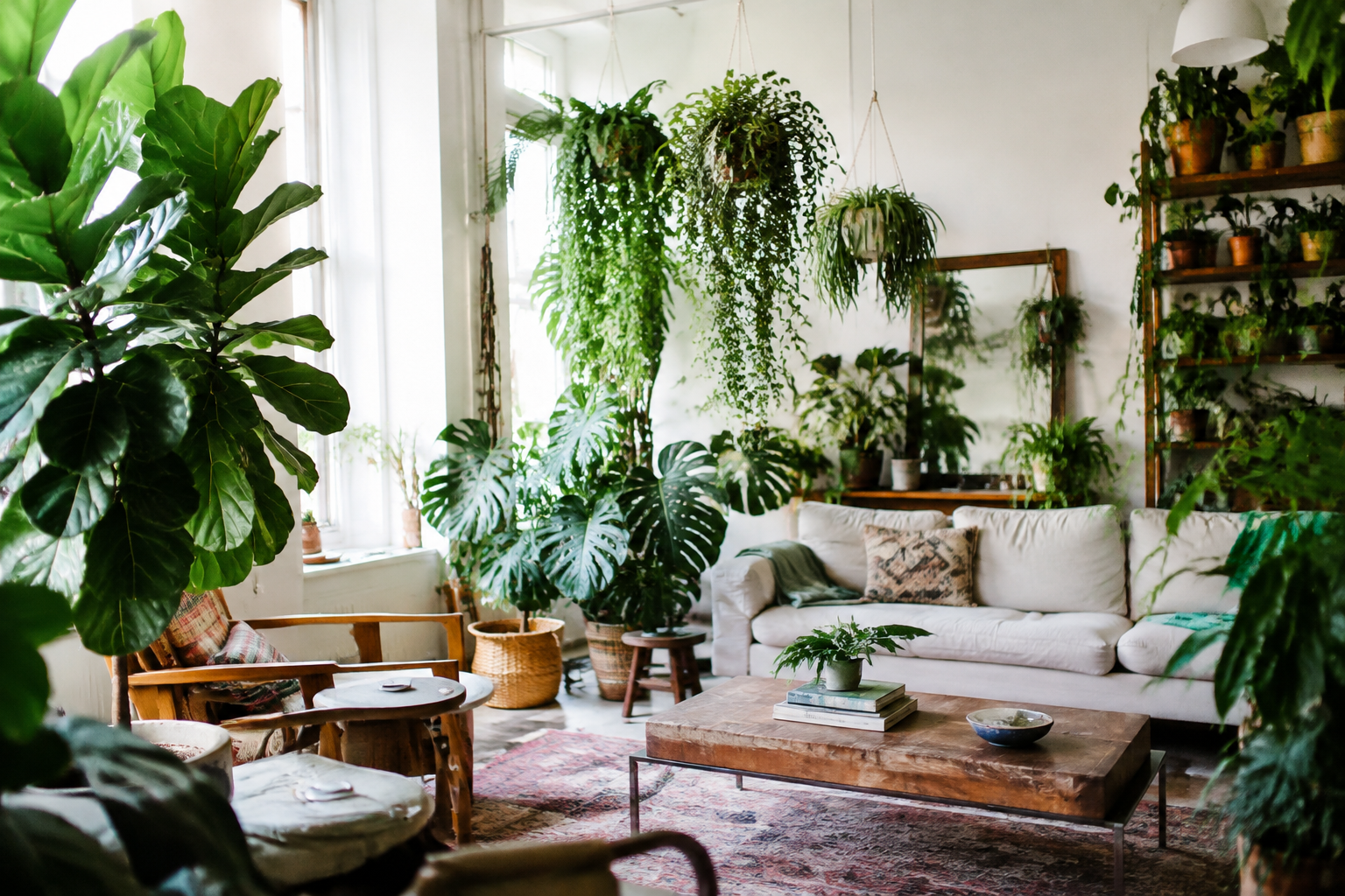 Plant-filled living room with fiddle leaf fig and hanging plants