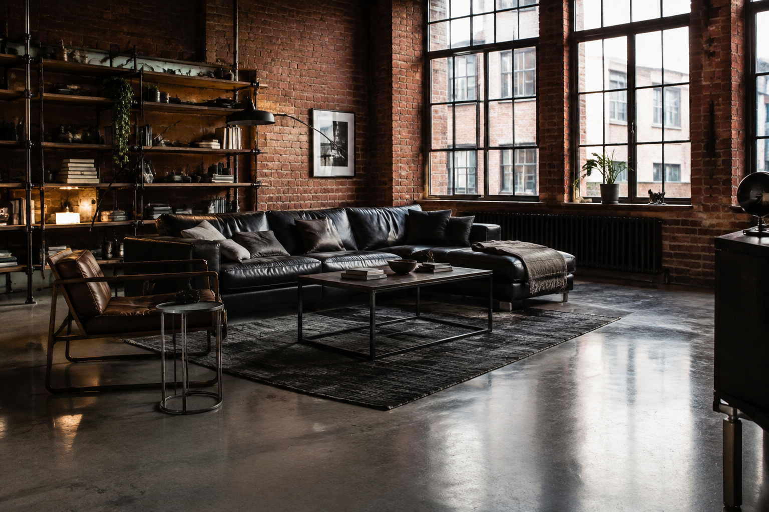 Industrial loft living room with exposed brick and black leather sofa