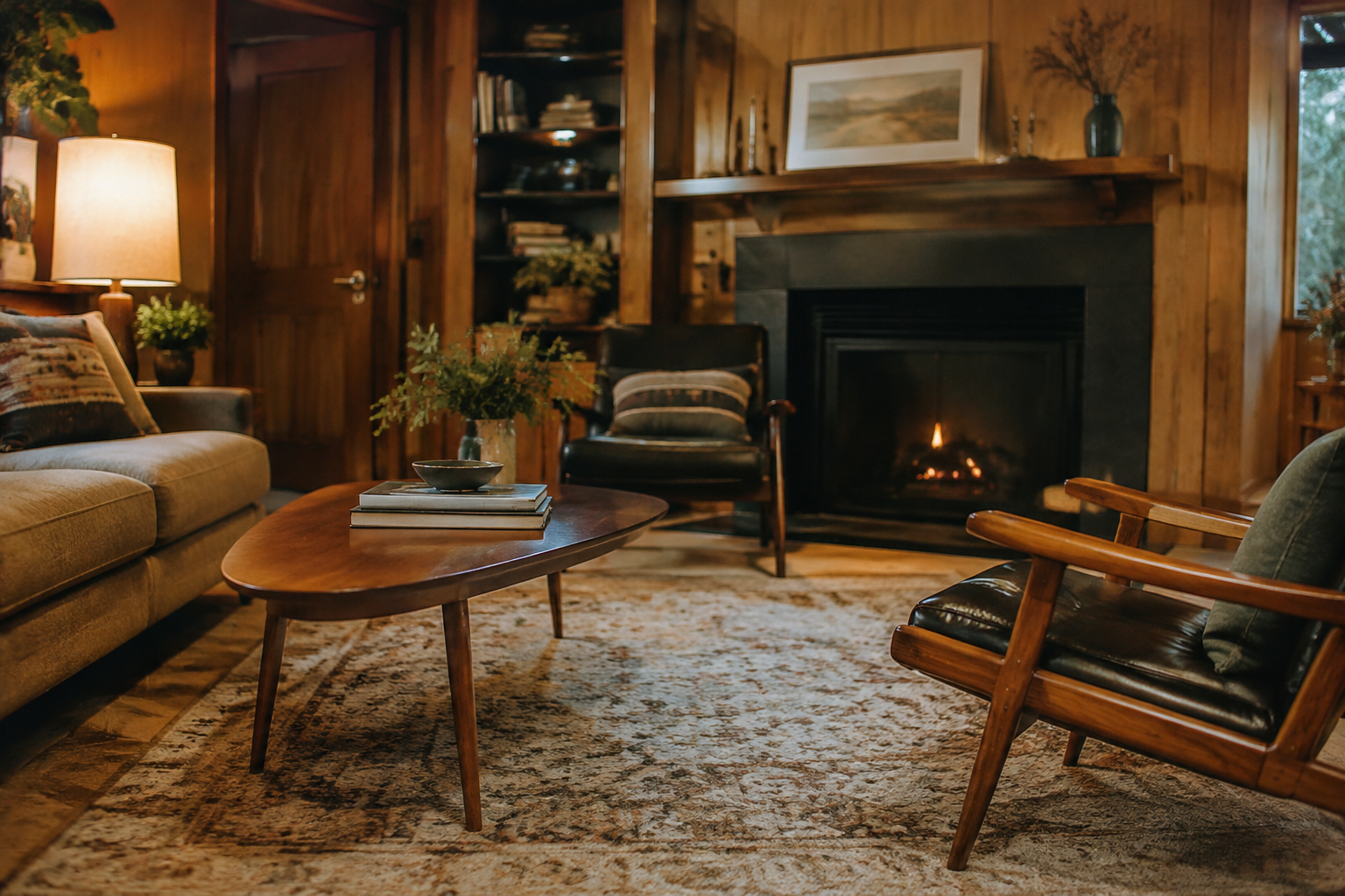 Living room with warm wood paneling and mid-century furniture