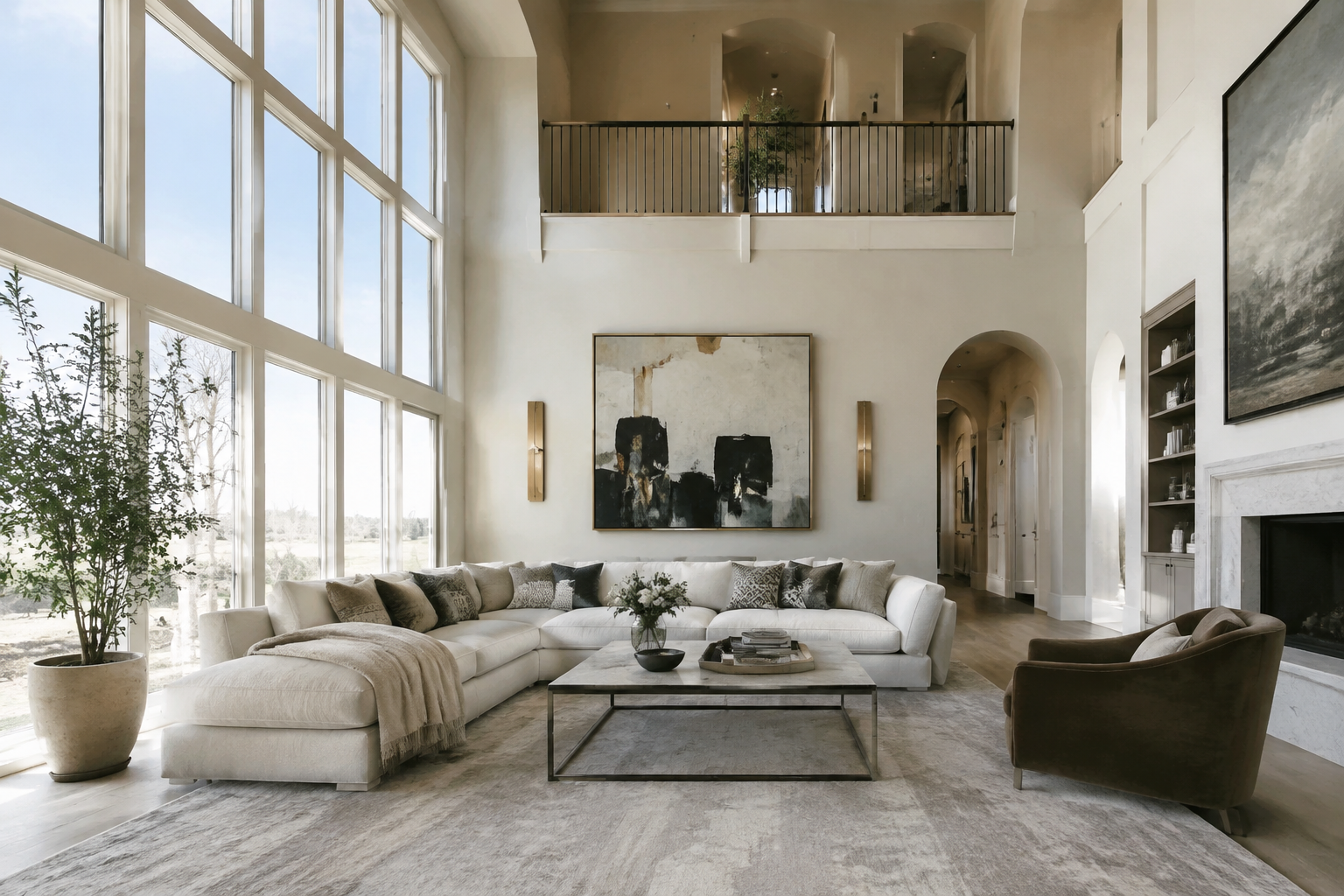 Living room with high ceilings, tall windows and grand sofa