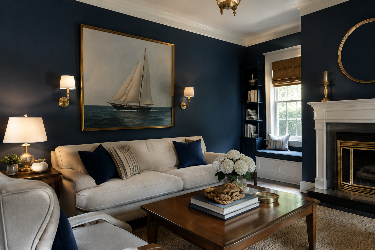Living room with deep navy blue walls and brass accents