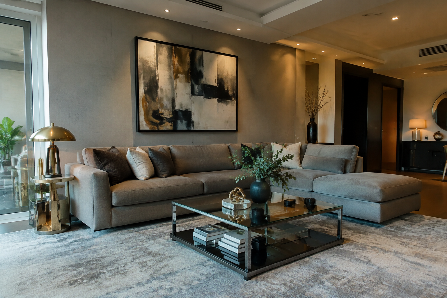 Contemporary living room with grey sectional and glass coffee table