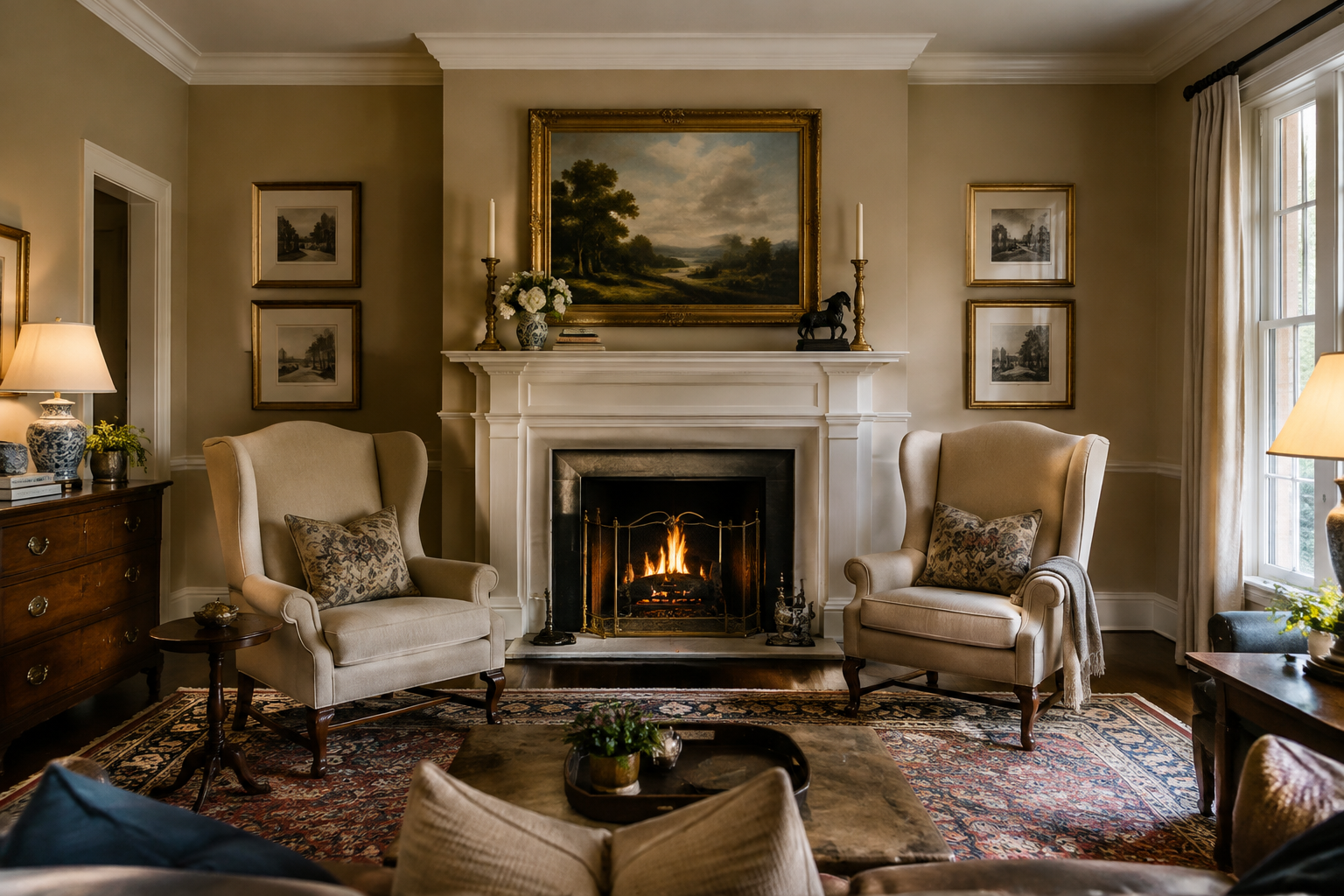 Traditional living room with classic fireplace and wingback chairs