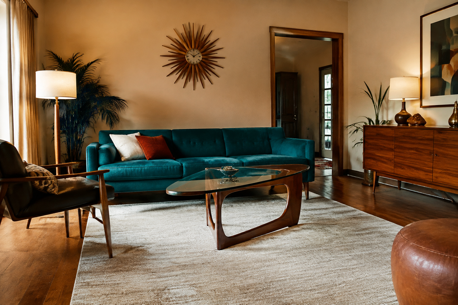 Mid-century modern living room with walnut furniture and teal velvet sofa