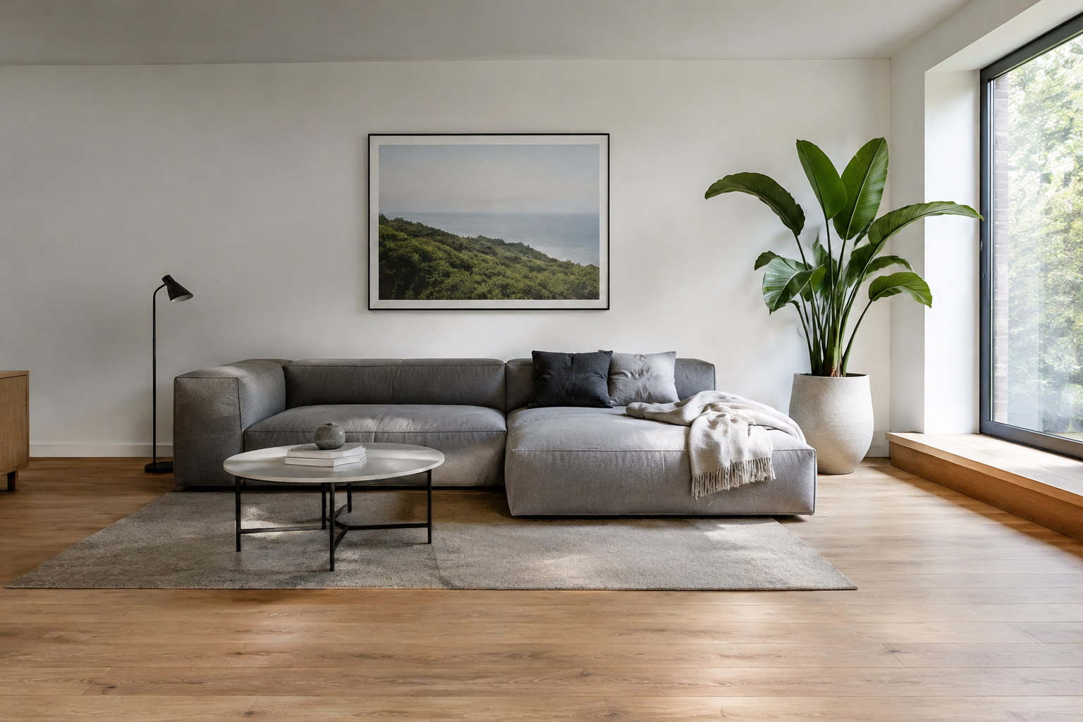 Modern minimalist living room with low grey sofa and single plant