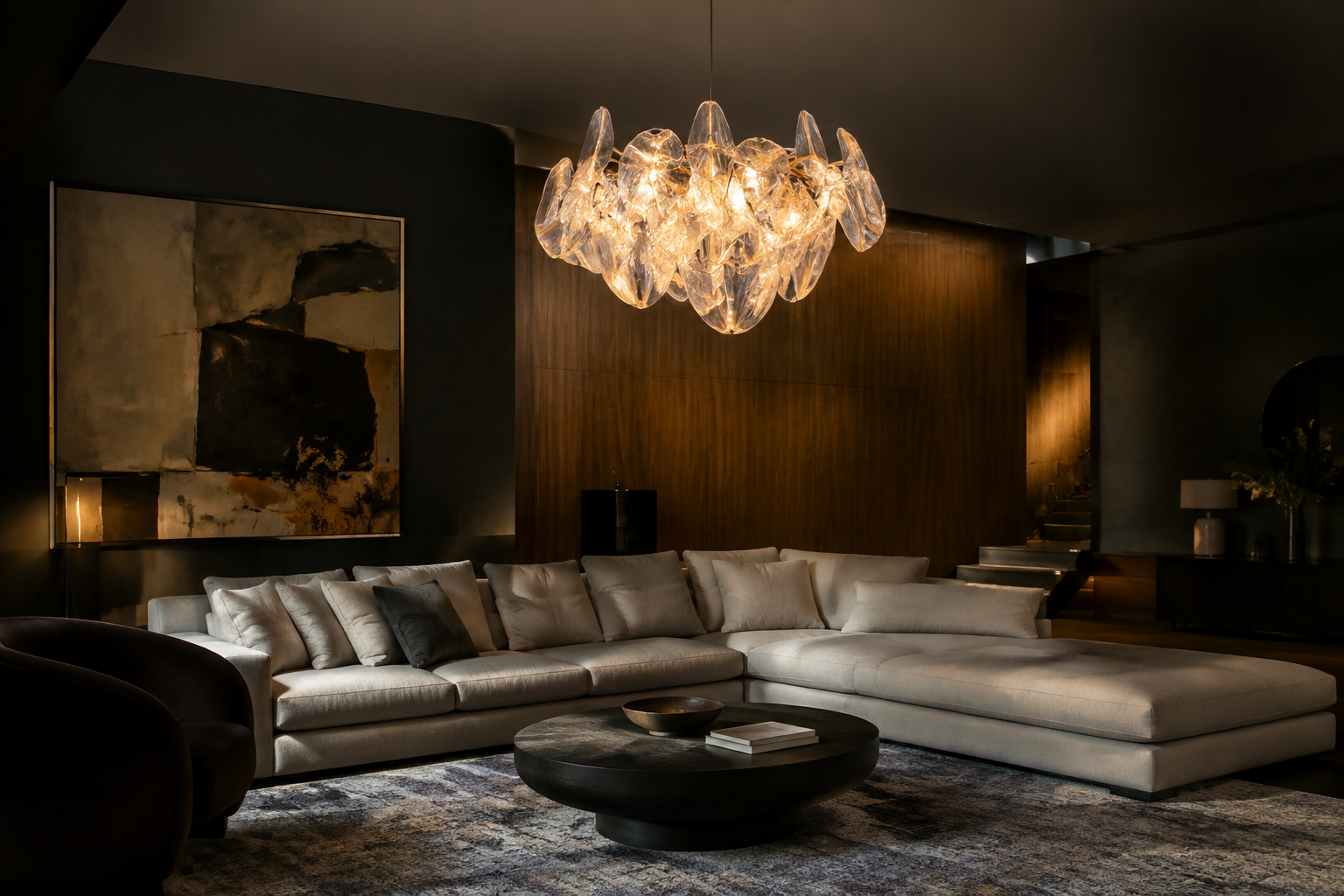 Living room with sculptural statement chandelier