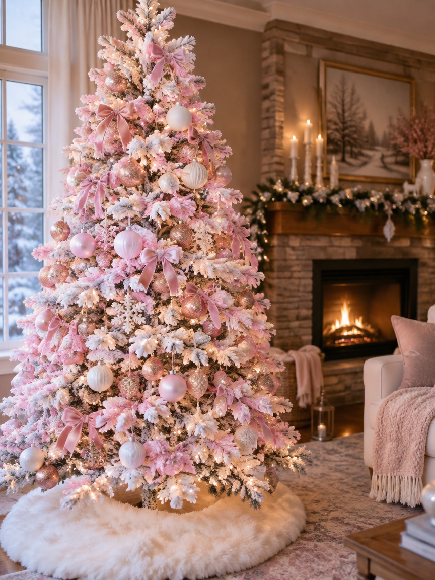 Pink Flocked Tree with White Fur Skirt