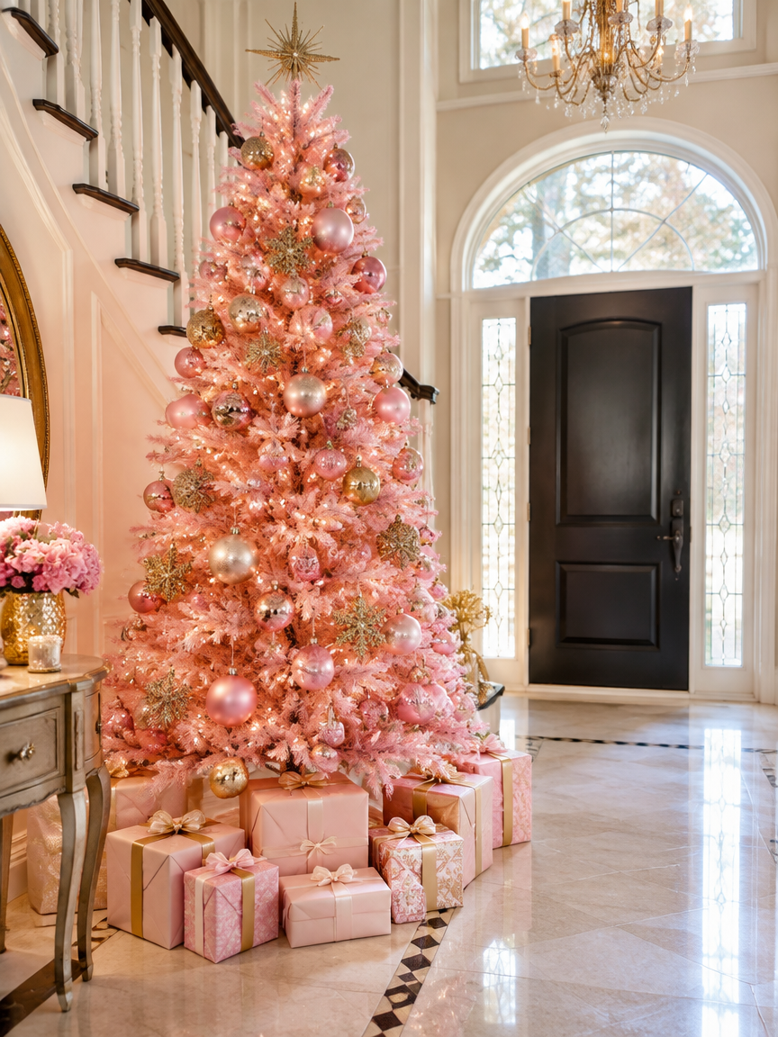 Pink Entryway Tree with Matching Presents