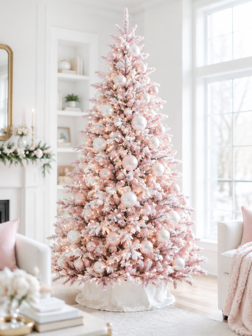 Pastel Pink Flocked Tree with Pearl Ornaments