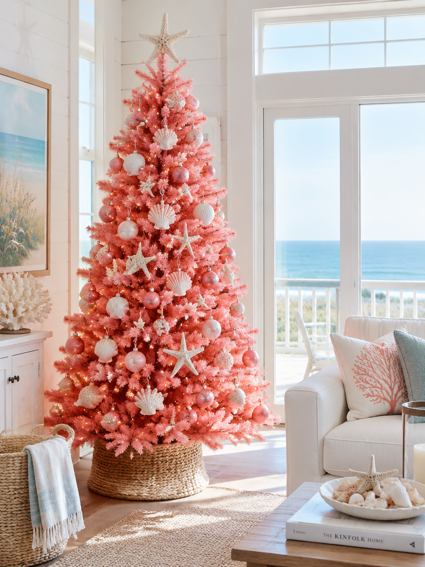 Coral Pink Coastal Christmas Tree