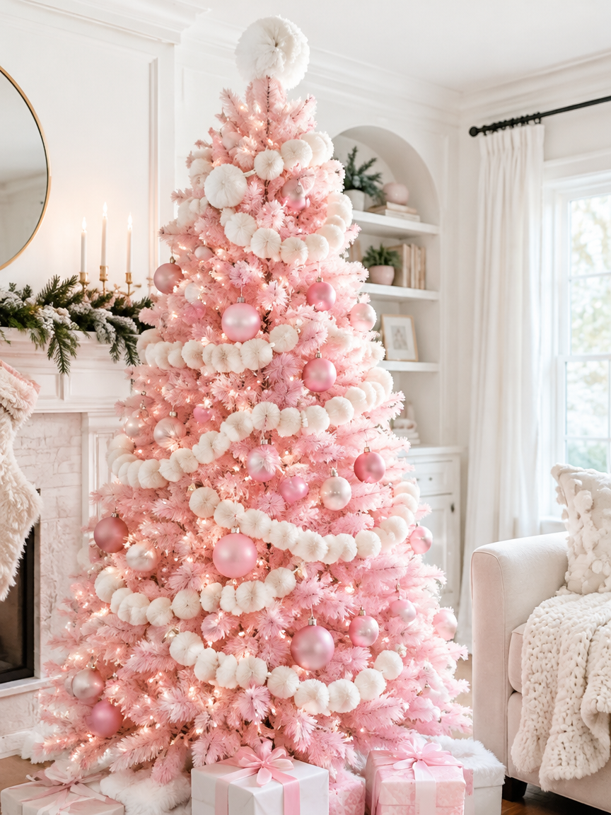 Pink and White Pom-Pom Garland Tree