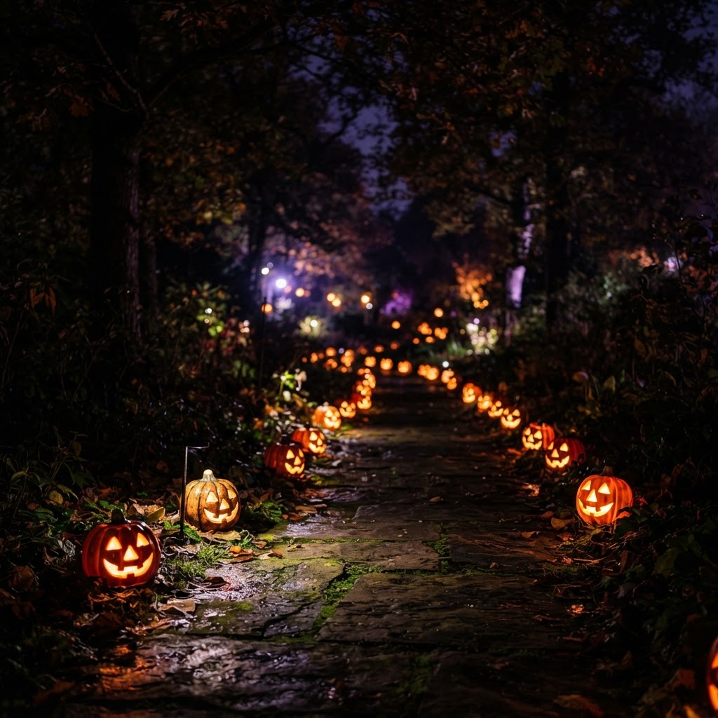 Garden path at night lined with glowing LED pumpkin path lights, warm orange glow, dark trees overhead, faint purple ambient light