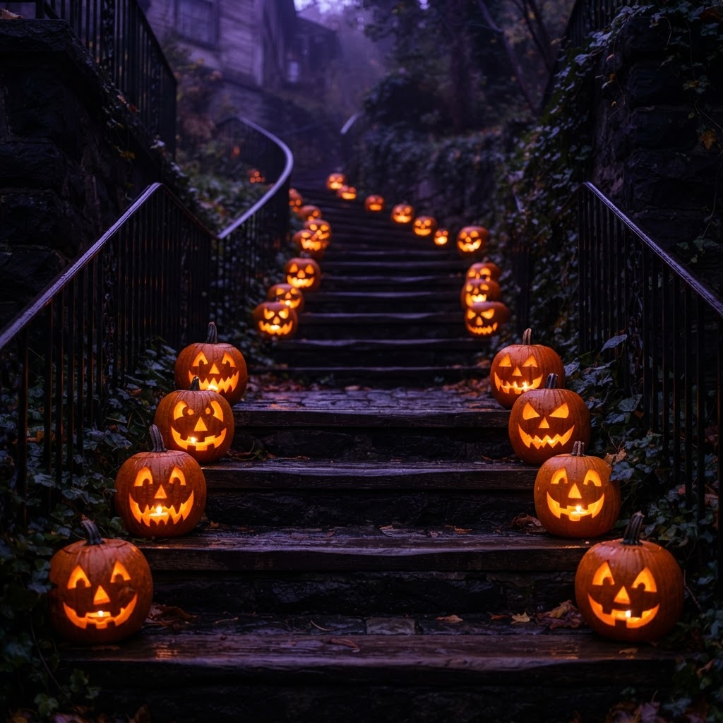 Staircase lined with glowing carved jack-o-lantern pumpkins ascending the steps at night with purple ambient light