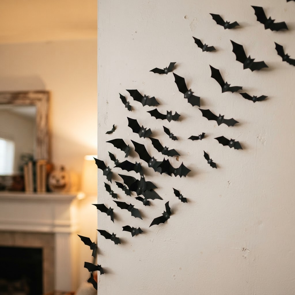 Swarm of black paper bats cut from toilet paper rolls attached to a white wall fanning out in a flying pattern