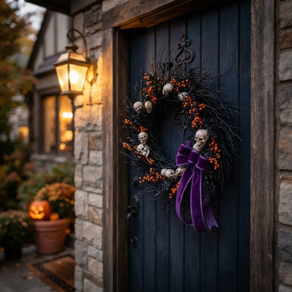 Black Halloween wreath on a front door made of black branches, mini skulls, purple ribbon, and orange berries, warm porch light
