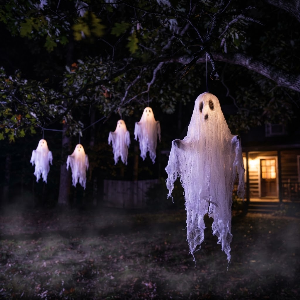 Cheesecloth floating ghosts hanging from tree branches glowing under purple moonlight