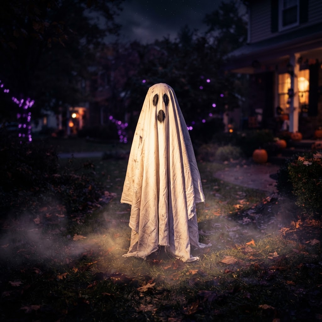 Large white painted sheet ghost standing in a dark front yard at night, glowing under a spotlight, slight fog around the base, purple ambient light