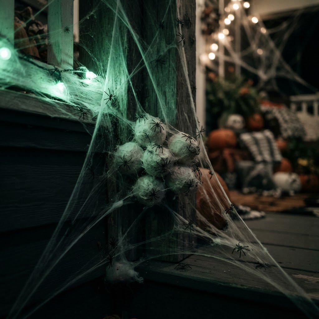 White cotton ball spider egg sacks clustered in corners of a dark porch with synthetic webbing, small plastic spiders, and green accent lighting