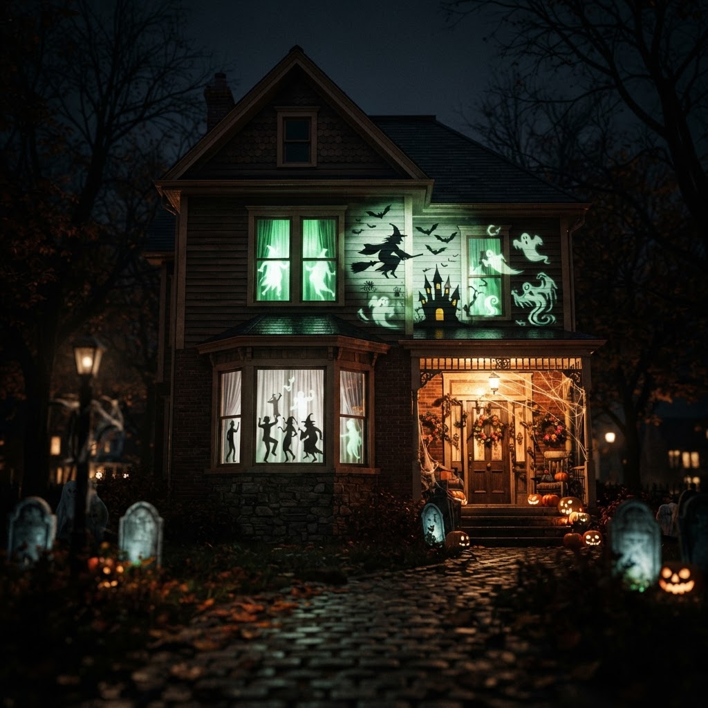 House at night with ghostly silhouette projections playing on the windows and front wall, eerie green and white moving light