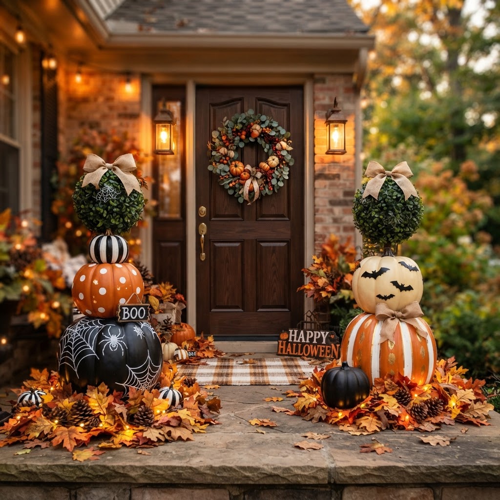 Porch display with stacked painted pumpkin topiaries in black, white, and orange on either side of a front door with fall leaves and string lights