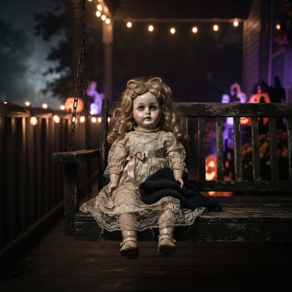 Old creepy porcelain doll sitting on a porch swing at night, lit by warm string lights and faint purple glow, slight fog