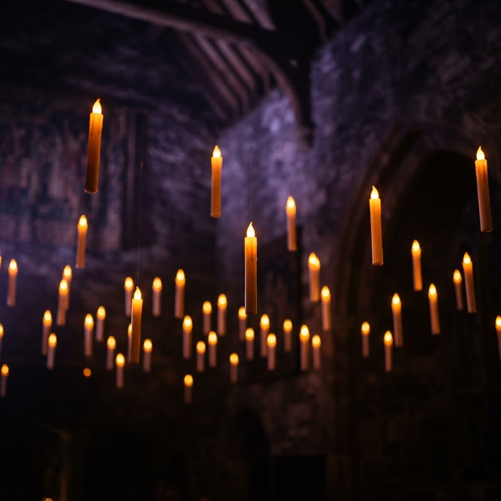 Floating LED flame-tip candles hanging in a dark room with invisible fishing line, warm orange glow, and faint purple background light