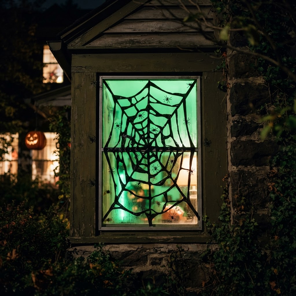 Window covered with a black trash bag spider web cutout backlit by green light with small plastic spiders