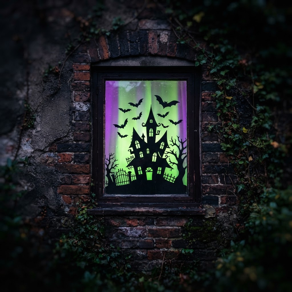 Dark house window with black cardboard haunted house silhouette and bats backlit by green and purple light