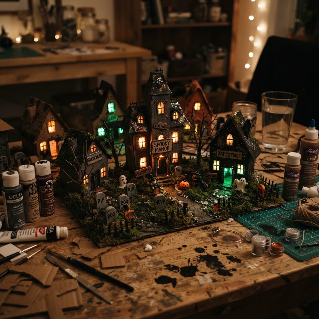 Cardboard diorama haunted village on a tabletop with tiny lit windows, miniature tombstones, and warm orange and green LED glow