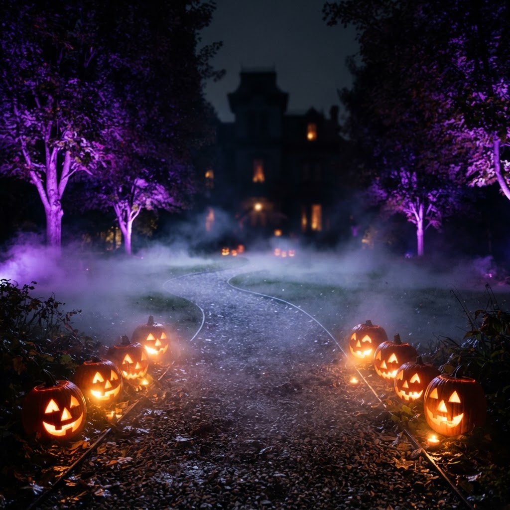 Driveway at night filled with low fog from a fog machine, lit jack-o-lanterns, and purple uplighting on trees