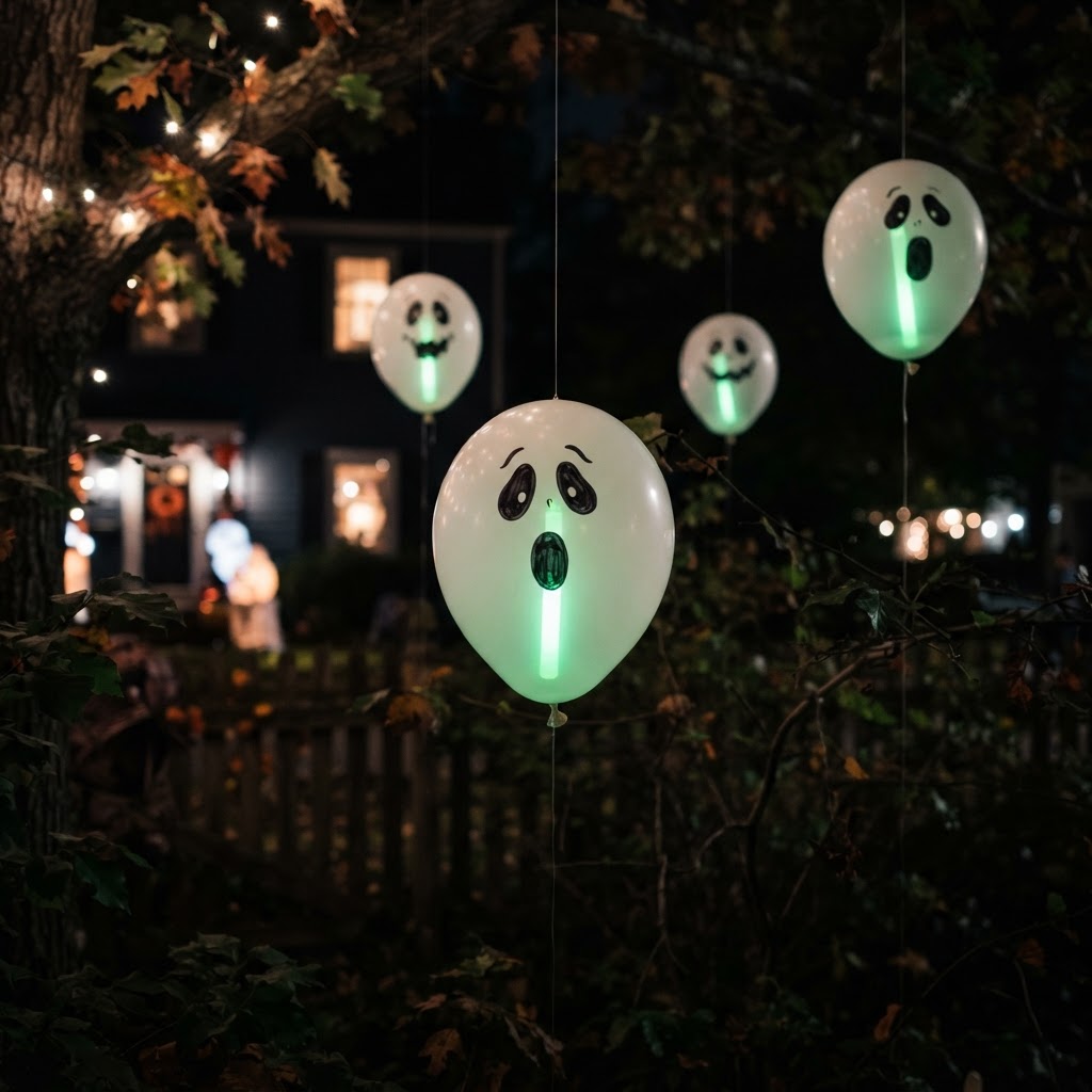 White balloons with ghost faces drawn in black marker, each containing a green glow stick, floating in a dark yard at night