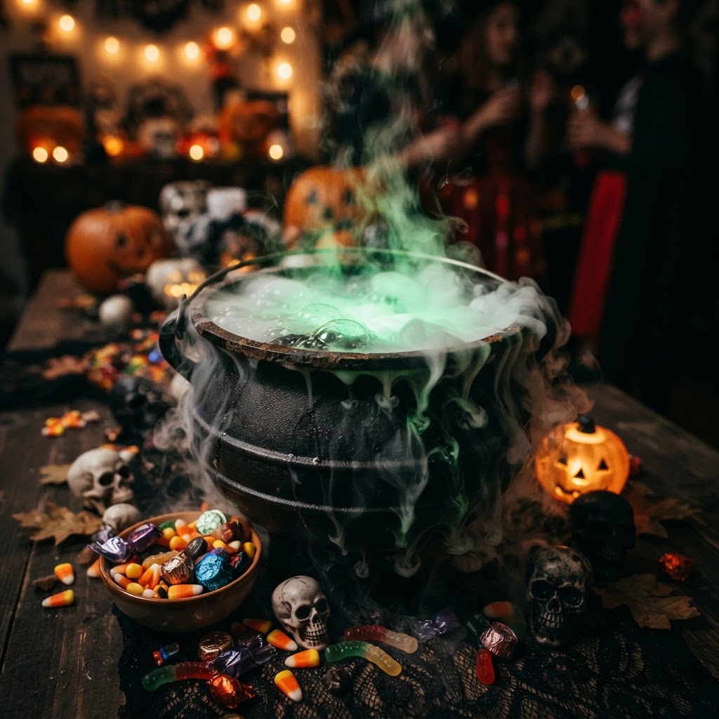 Black cauldron on a table bubbling with dry ice fog spilling over the edges, green glow from inside, surrounded by candy and small skulls