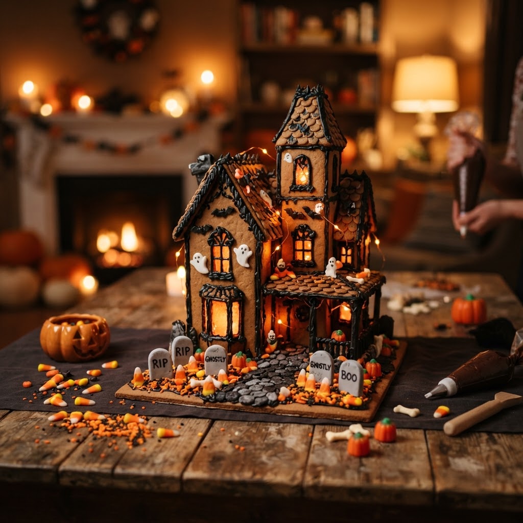 Halloween gingerbread house decorated as a haunted mansion with black icing, candy tombstones, and tiny orange LED on a table with scattered candy