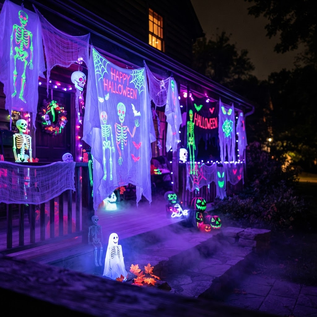 Porch bathed in blacklight UV glow with white sheets and glowing neon decorations, purple and acid green tones, and fog at ground level